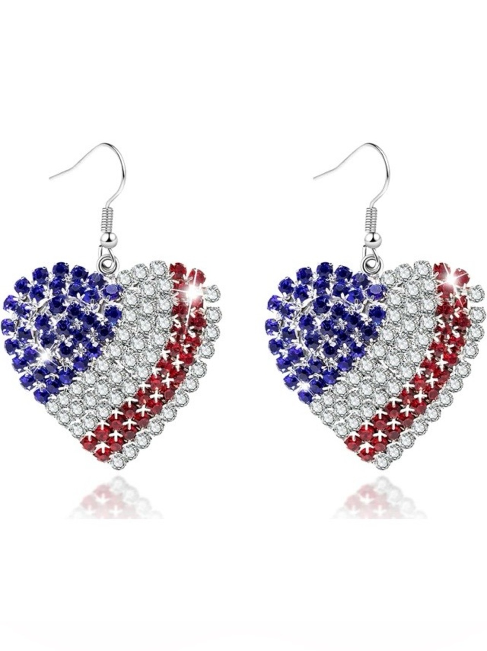 NEW - Patriotic Heart Rhinestone Drop Earrings - Red, White & Blue Sparkle